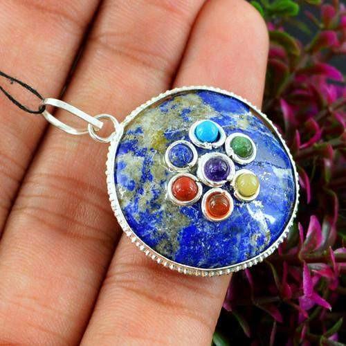 gemsmore:Natural Lapis Lazuli Seven Chakra Healing Pendant