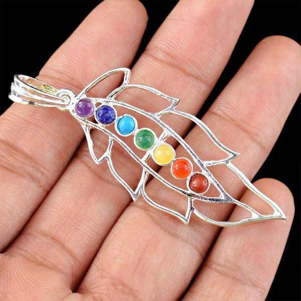 gemsmore:Natural Leaf Shape Seven Chakra Cyrstal Healing Pendant