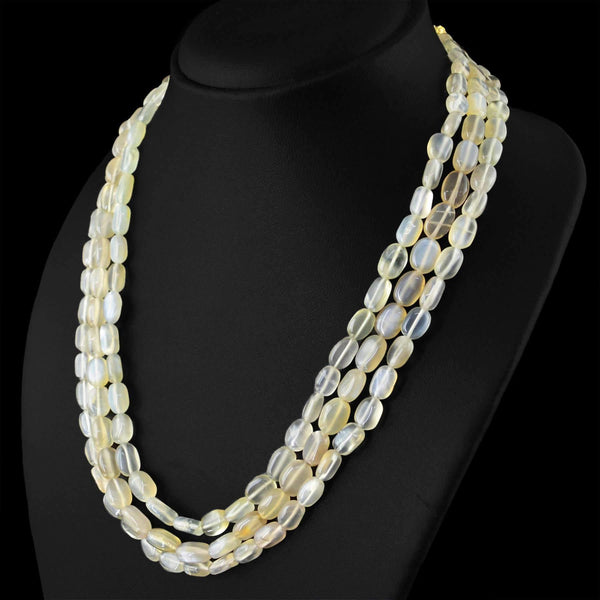 gemsmore:Natural Moonstone Necklace 3 Strand Untreated Oval Shape Beads