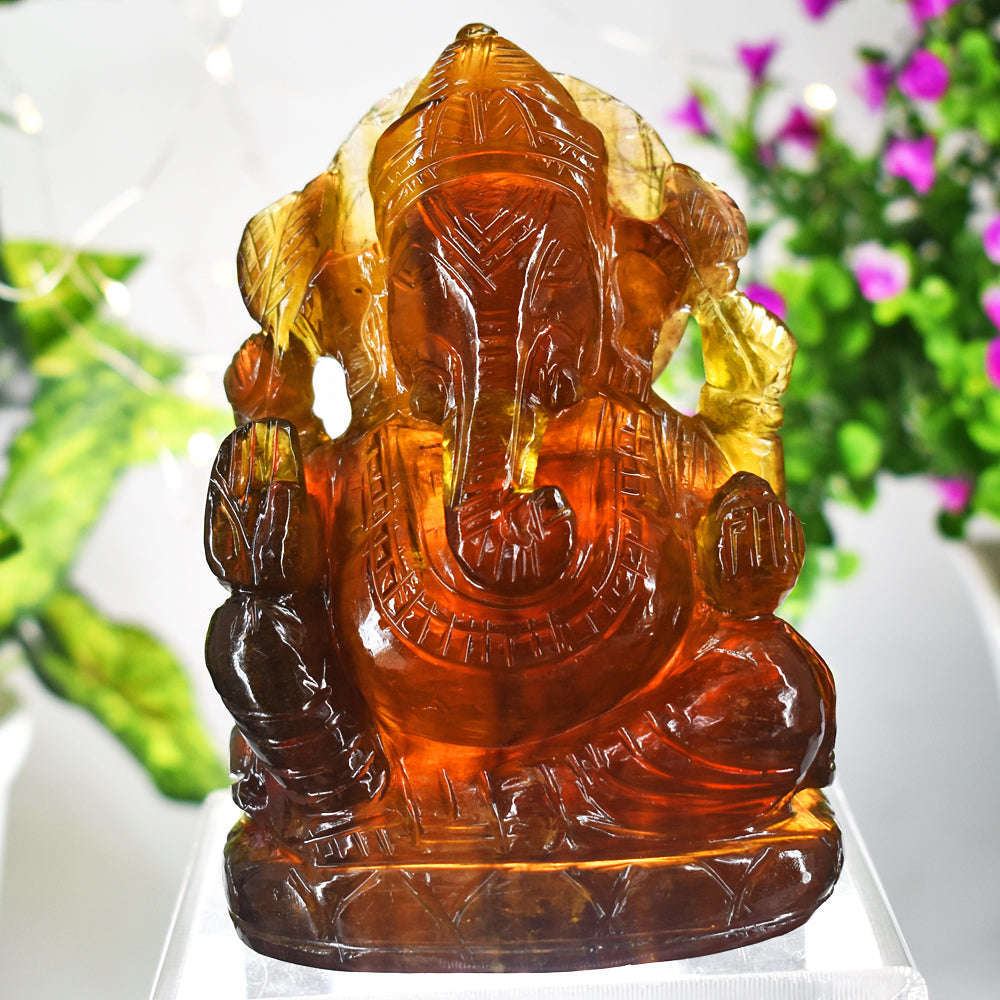 gemsmore:Natural  Multicolor Fluorite Crystal  Hand Carved Lord Ganesha