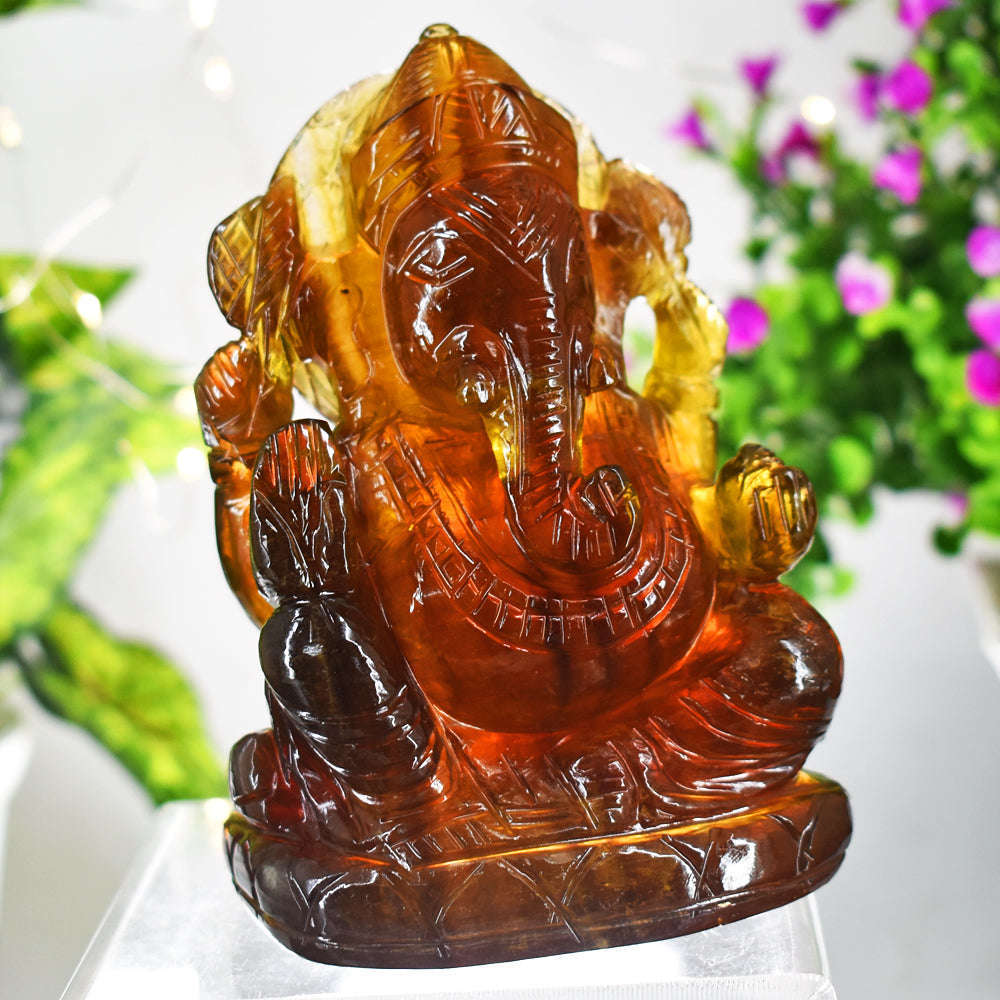 gemsmore:Natural  Multicolor Fluorite Crystal  Hand Carved Lord Ganesha