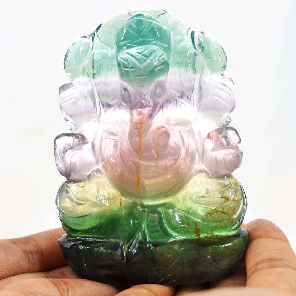 gemsmore:Natural Multicolor Fluorite  Hand Carved Crystal Lord Ganesha