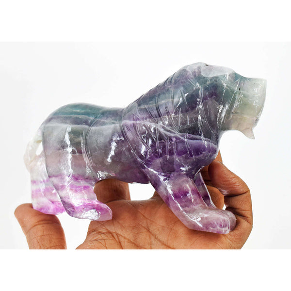 gemsmore:Natural Multicolor Fluorite Hand Carved Genuine Crystal Gemstone Carving Lion