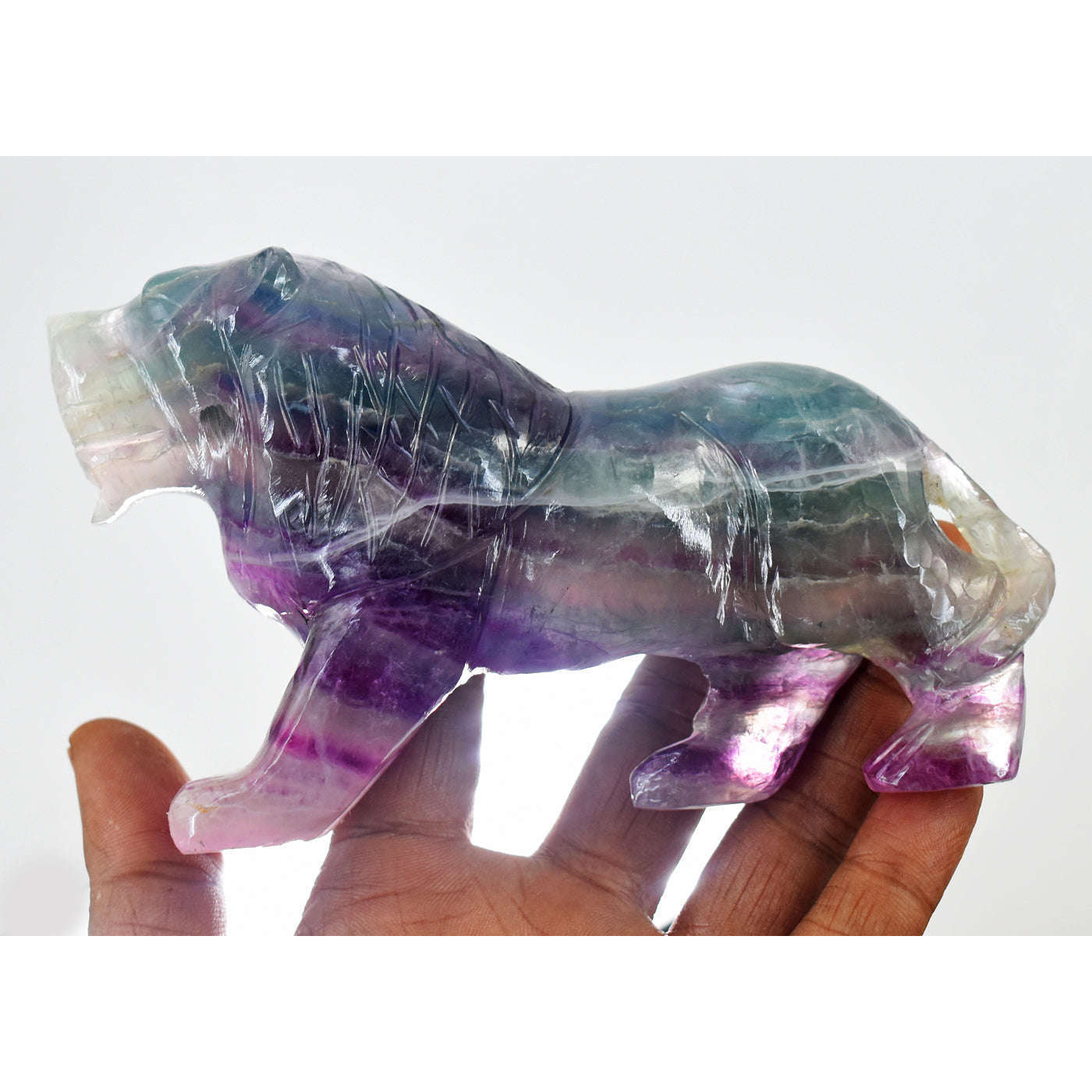 gemsmore:Natural Multicolor Fluorite Hand Carved Genuine Crystal Gemstone Carving Lion