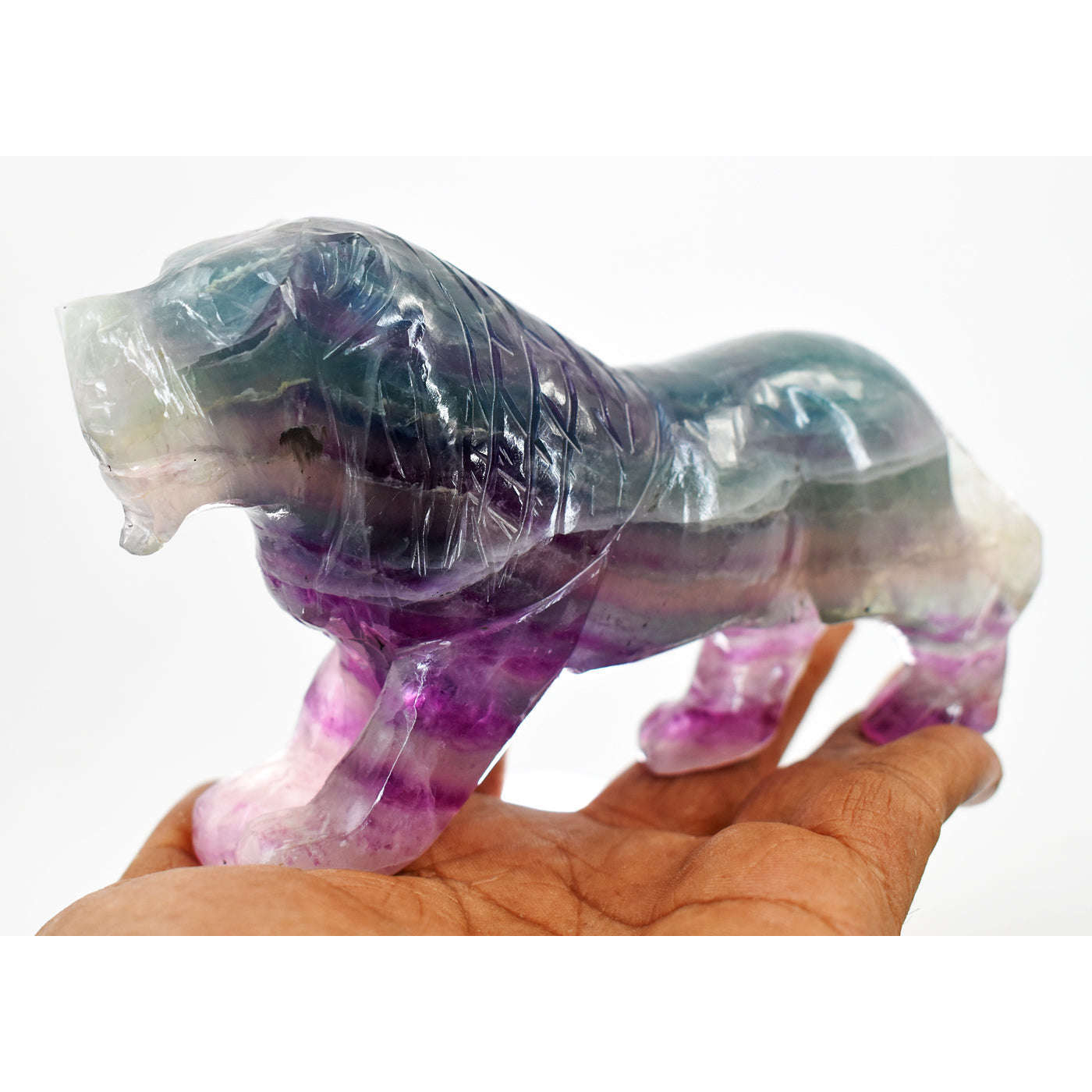 gemsmore:Natural Multicolor Fluorite Hand Carved Genuine Crystal Gemstone Carving Lion