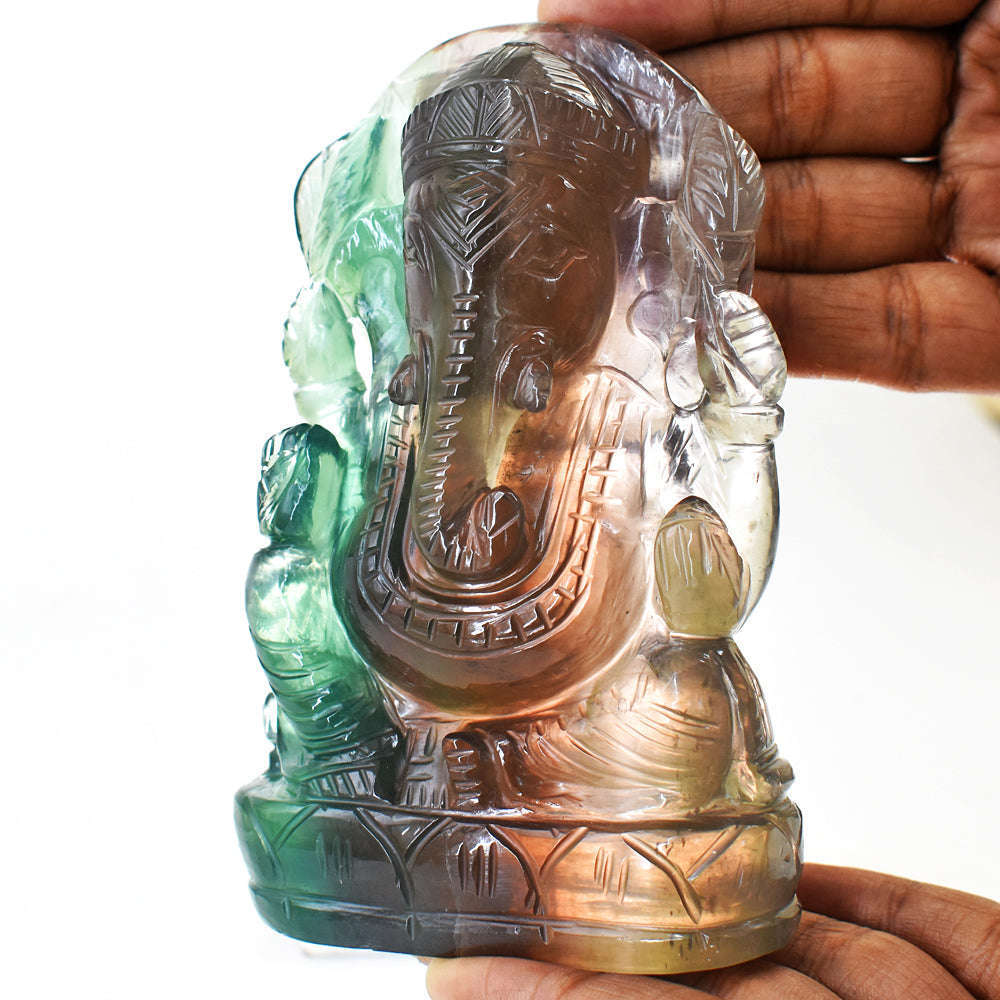 gemsmore:Natural  Multicolor Fluorite Hand Carved Genuine Crystal Gemstone Carving Lord Ganesha