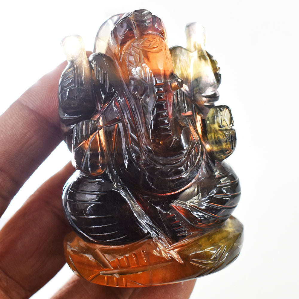 gemsmore:Natural Multicolor Fluorite Hand Carved Genuine Crystal Gemstone Carving Lord Ganesha