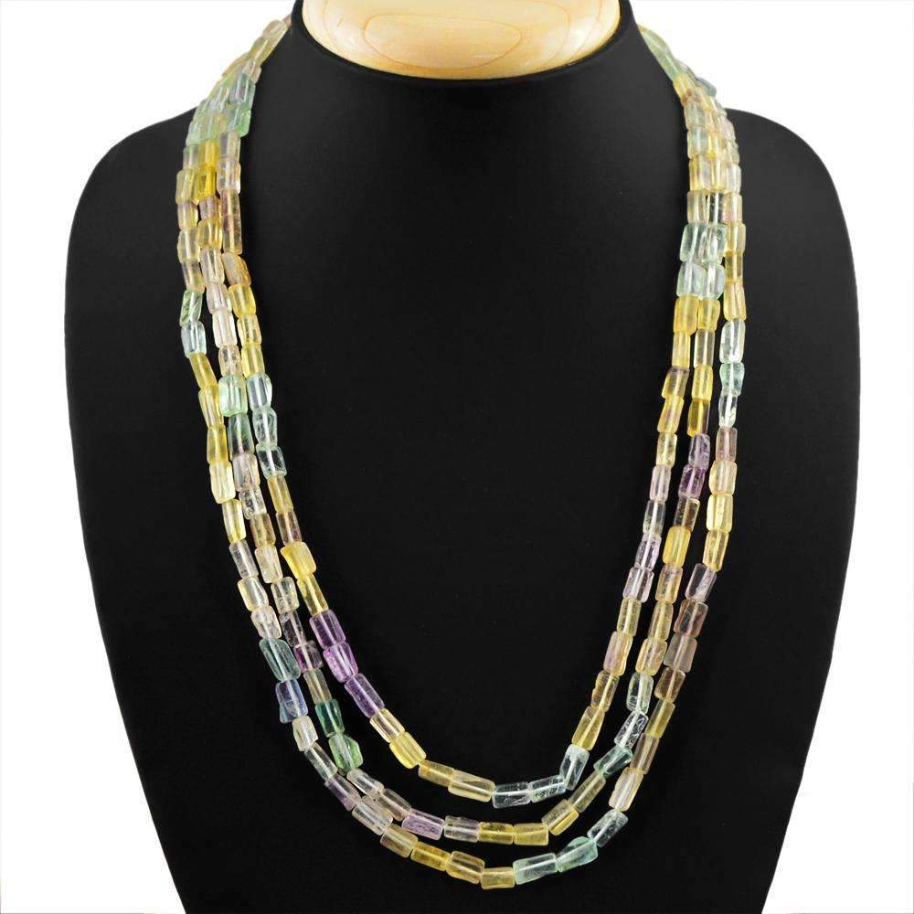 gemsmore:Natural Multicolor Fluorite Necklace 3 Strand Untreated Beads