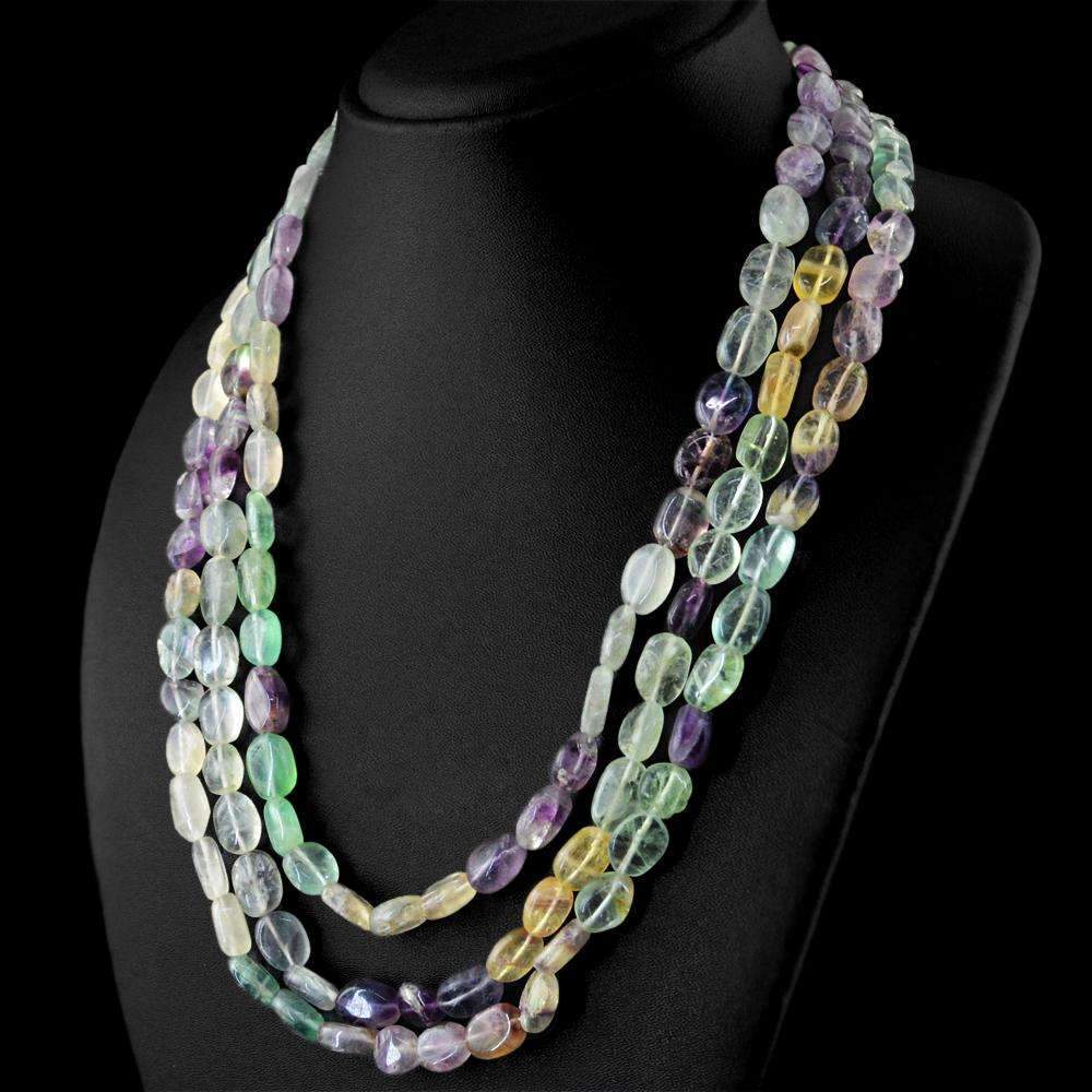 gemsmore:Natural Multicolor Fluorite Necklace 3 Strand Untreated Oval Shape Beads