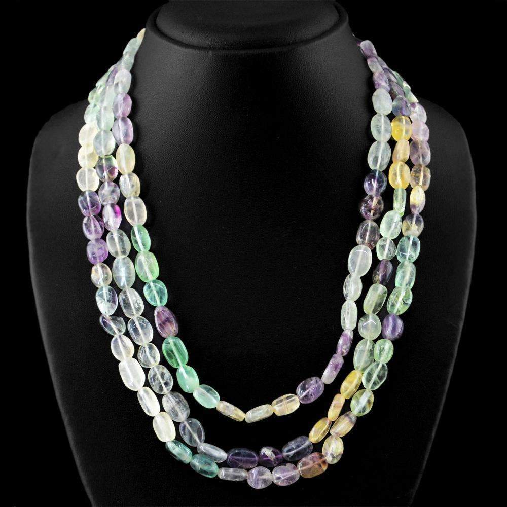 gemsmore:Natural Multicolor Fluorite Necklace 3 Strand Untreated Oval Shape Beads