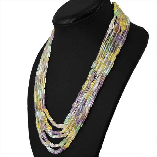 gemsmore:Natural Multicolor Fluorite Necklace 5 Strand Untreated Beads