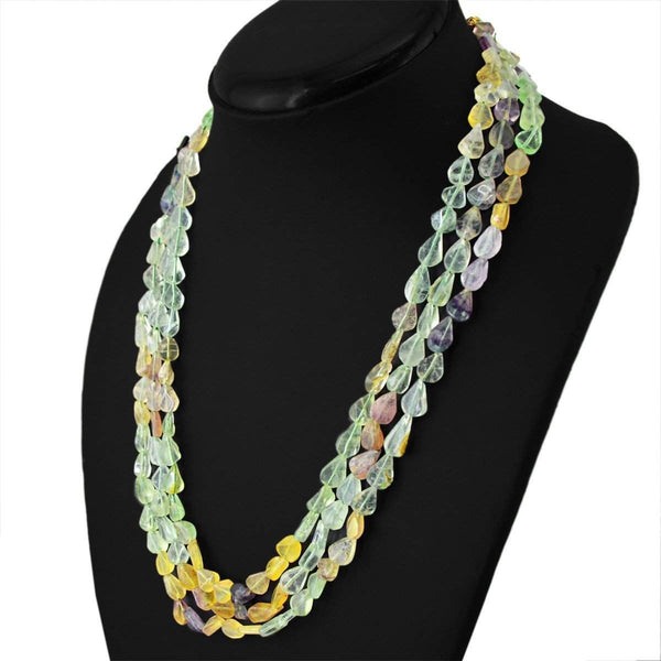 gemsmore:Natural Multicolor Fluorite Necklace Untreated 3 Strand Genuine Beads