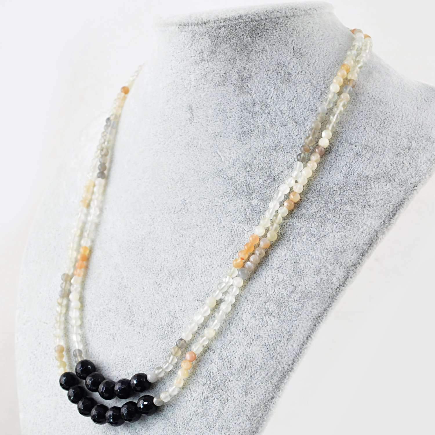 gemsmore:Natural Multicolor Moonstone & Black Spinel Necklace 2 Strand Faceted Beads