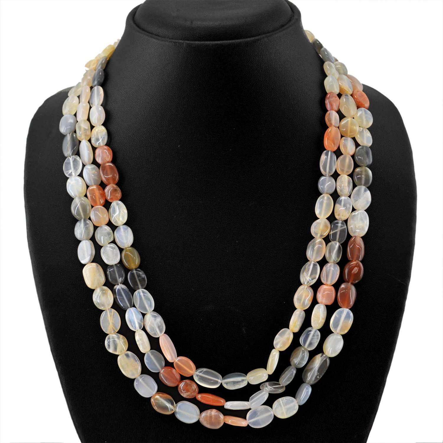 gemsmore:Natural Multicolor Moonstone Necklace 3 Strand Oval Beads