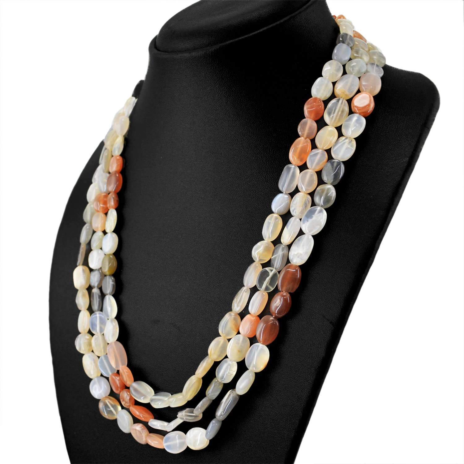 gemsmore:Natural Multicolor Moonstone Necklace 3 Strand Oval Beads