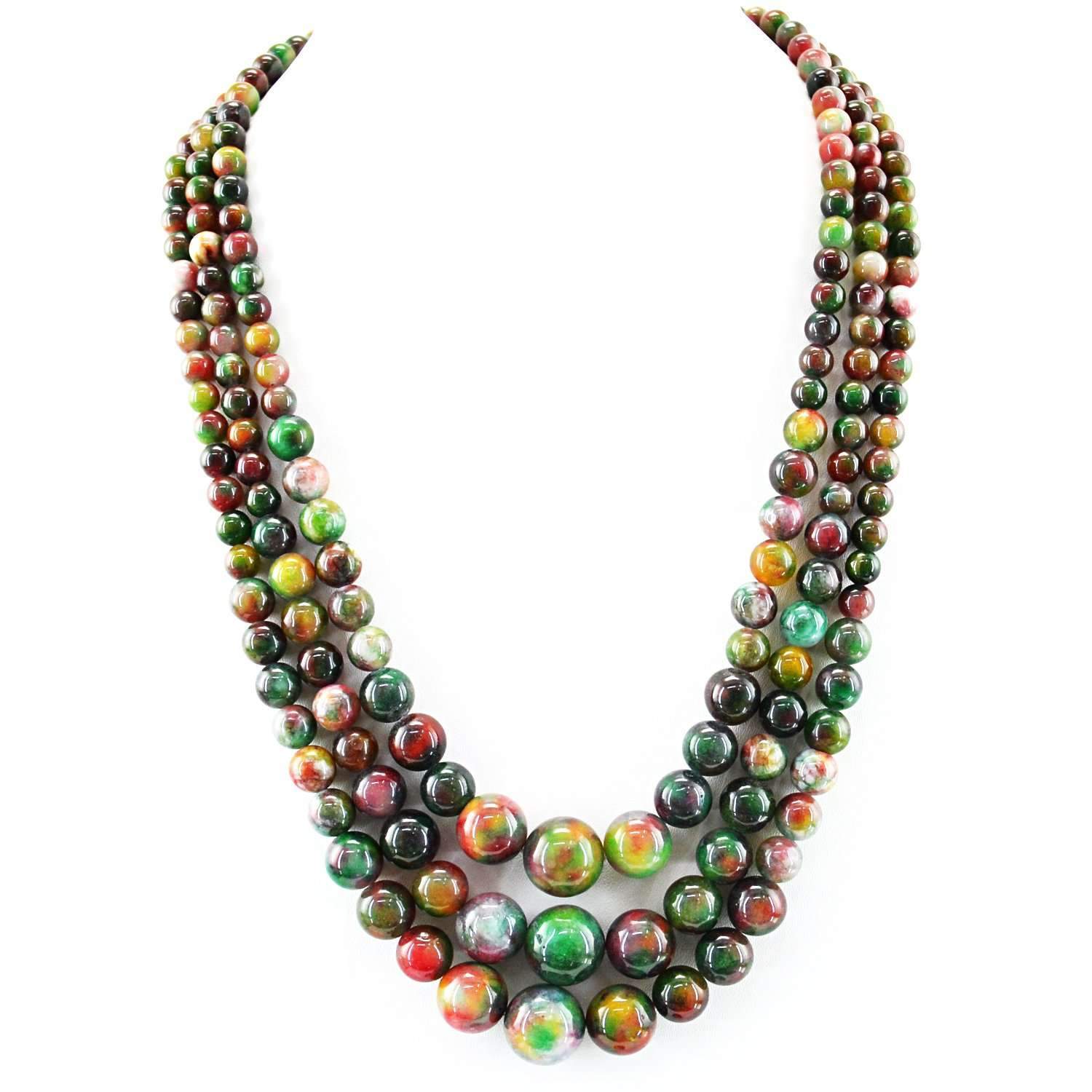 gemsmore:Natural Multicolor Onyx Necklace 3 Strand Round Shape Beads