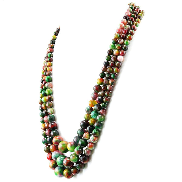 gemsmore:Natural Multicolor Onyx Necklace 3 Strand Round Shape Beads