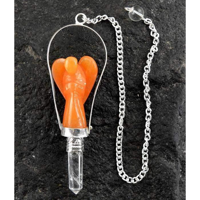 gemsmore:Natural Orange Aventurine Carved Angel Healing Point Pendulum