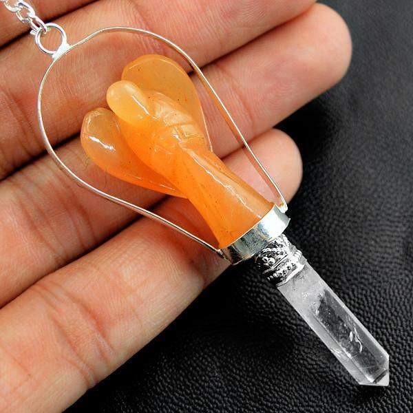 gemsmore:Natural Orange Aventurine Carved Angel Reiki Healing Point Pendant