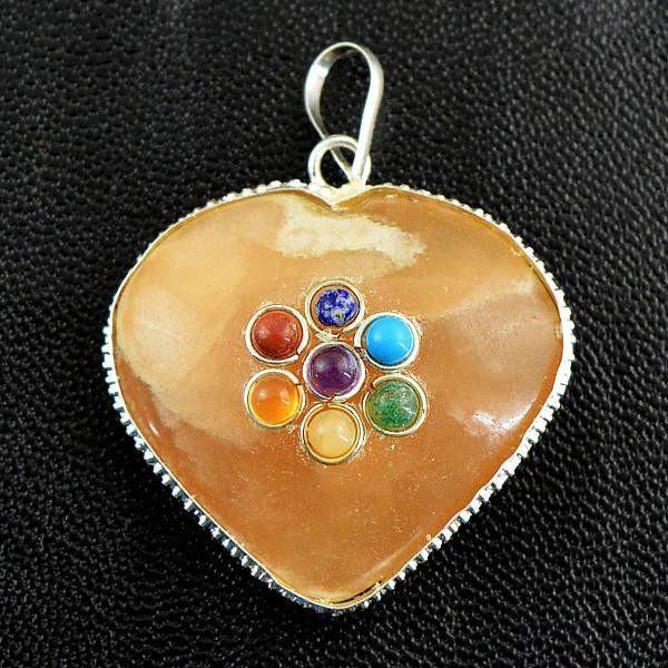 gemsmore:Natural Orange Aventurine Heart Shape Seven Chakra Pendant