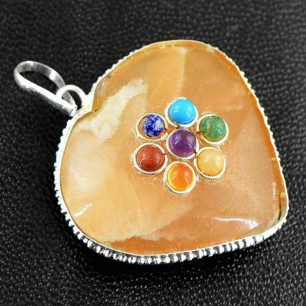 gemsmore:Natural Orange Aventurine Heart Shape Seven Chakra Pendant