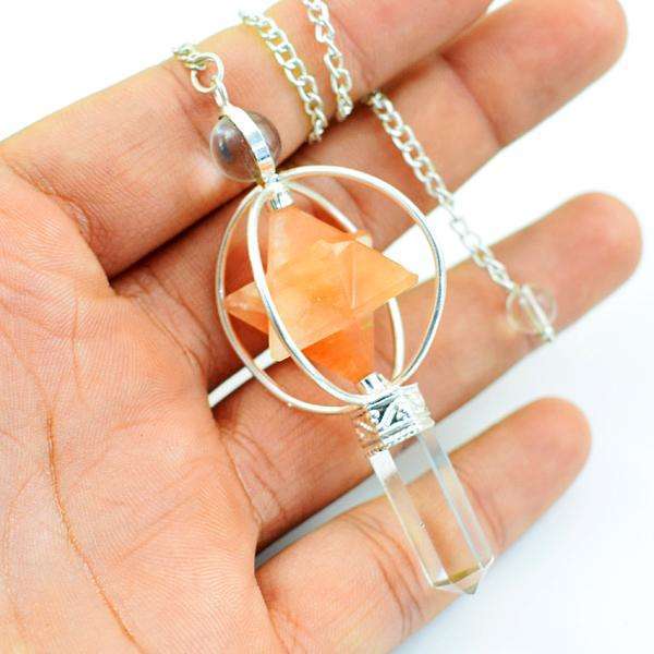 gemsmore:Natural Orange Aventurine Merkaba & White Quartz Healing Ball Point Pendulum
