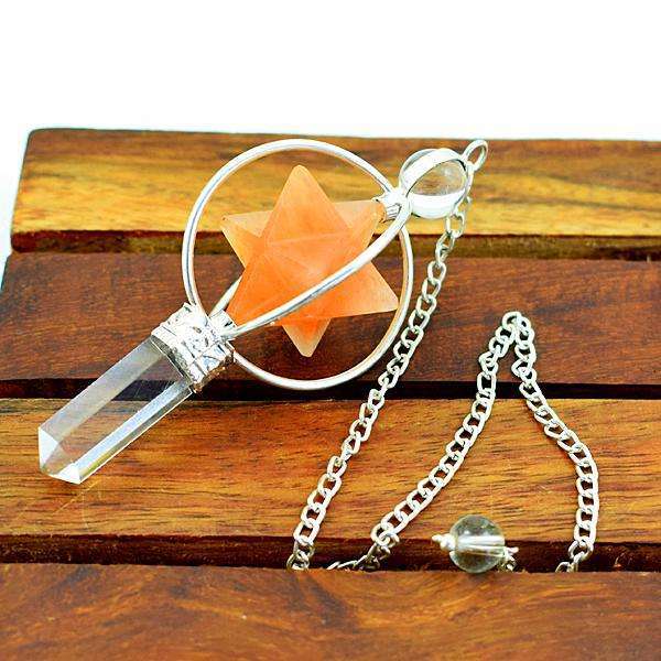 gemsmore:Natural Orange Aventurine Merkaba & White Quartz Healing Ball Point Pendulum