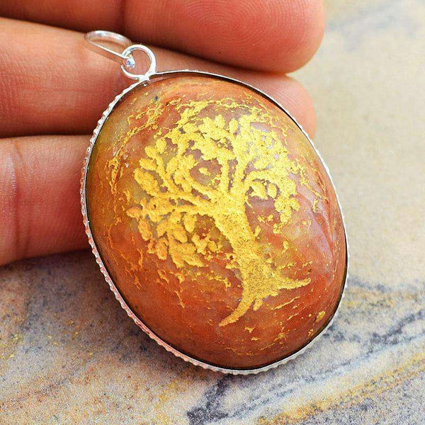 gemsmore:Natural Orange Aventurine Oval Shape Healing Tree Pendant