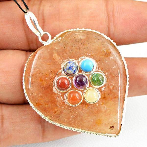 gemsmore:Natural Orange Aventurine Seven Chakra Heart Shape Pendant