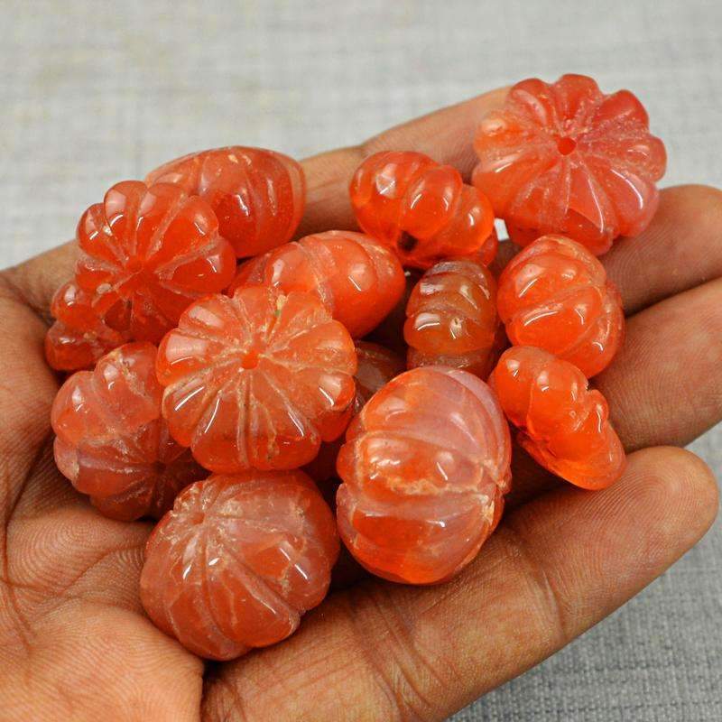 gemsmore:Natural Orange Carnelian Beads Lot - Drilled Flower Carved