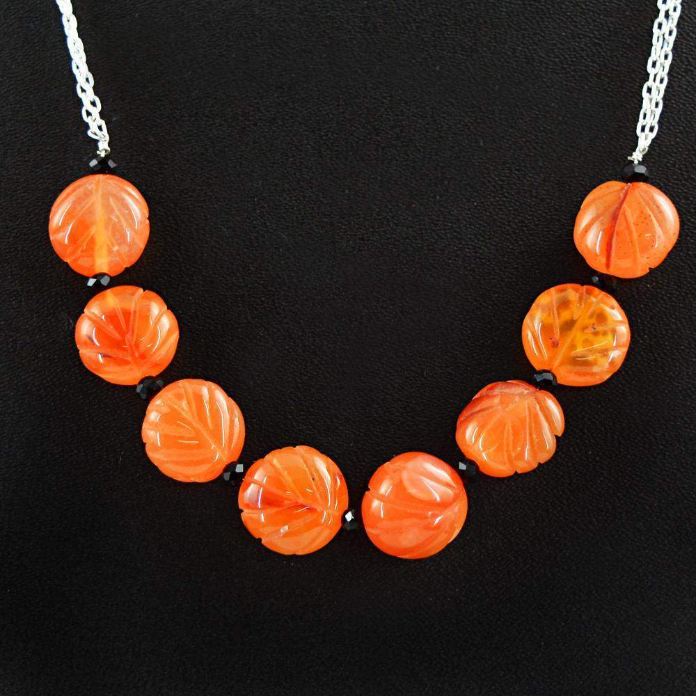 gemsmore:Natural Orange Carnelian & Black Spinel Necklace Carved Beads