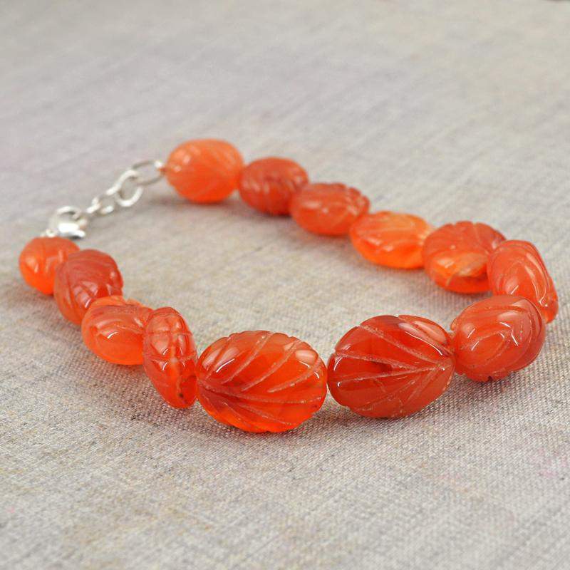 gemsmore:Natural Orange Carnelian Bracelet Oval Shape Carved Beads