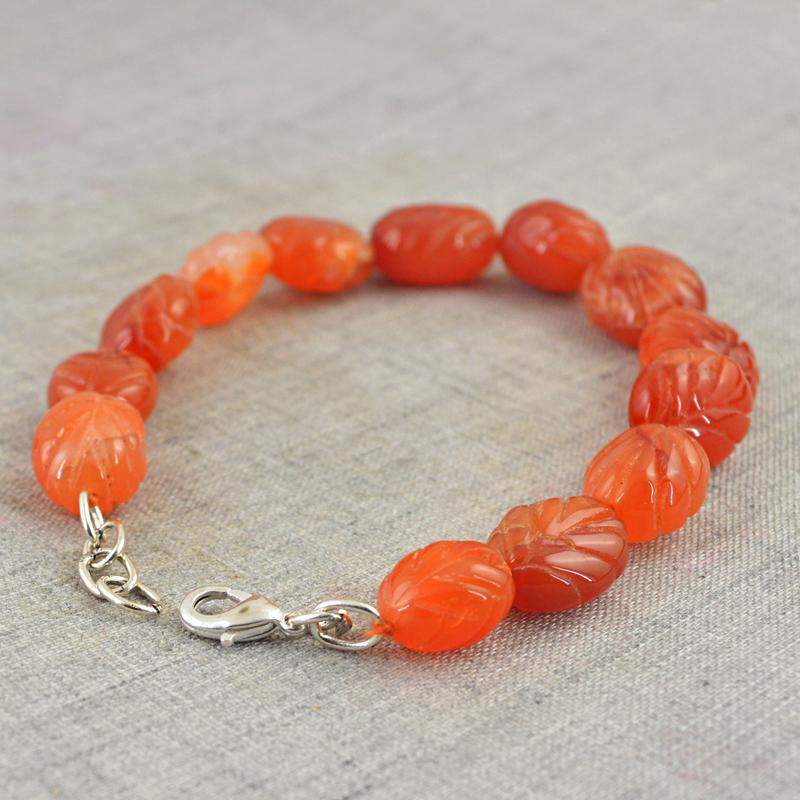 gemsmore:Natural Orange Carnelian Bracelet Oval Shape Carved Beads