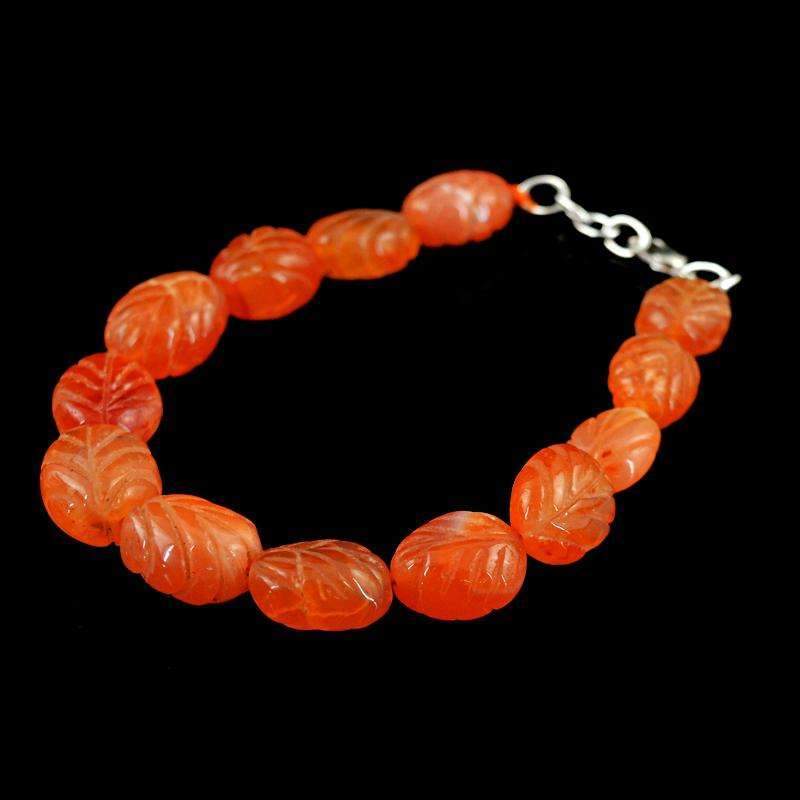 gemsmore:Natural Orange Carnelian Bracelet Oval Shape Carved Beads