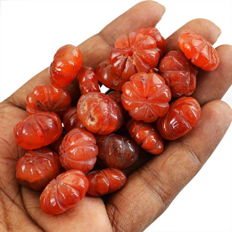 gemsmore:Natural Orange Carnelian Drilled Beads Lot - Flower Carved