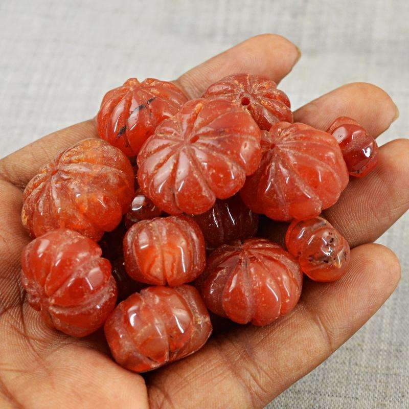 gemsmore:Natural Orange Carnelian Drilled Beads Lot - Round Shape Flower Carved