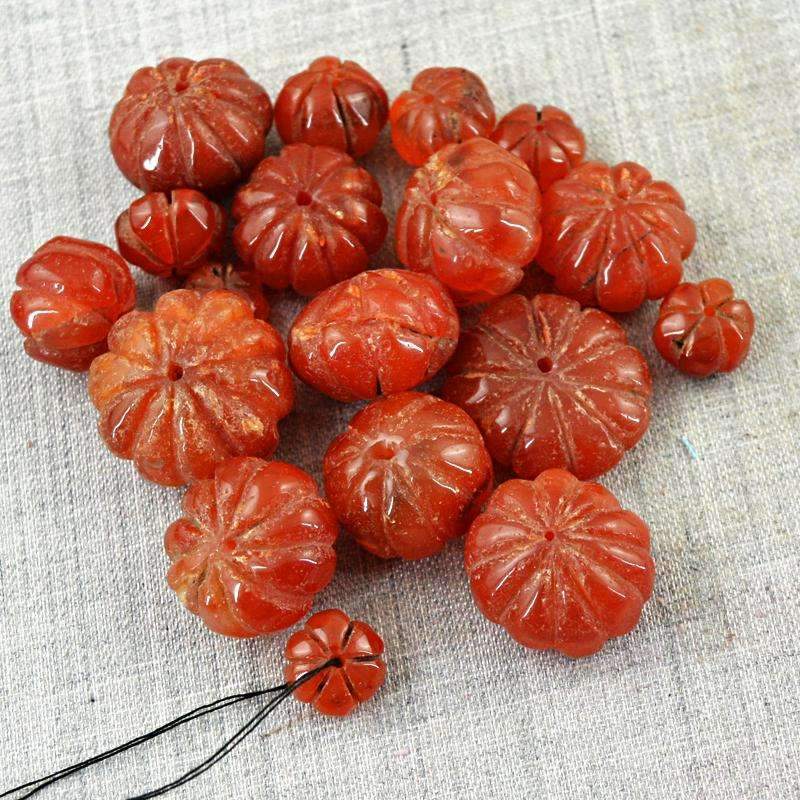 gemsmore:Natural Orange Carnelian Drilled Beads Lot - Round Shape Flower Carved