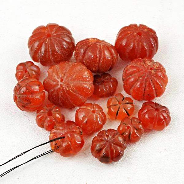 gemsmore:Natural Orange Carnelian Drilled Round Shape Carved Beads Lot