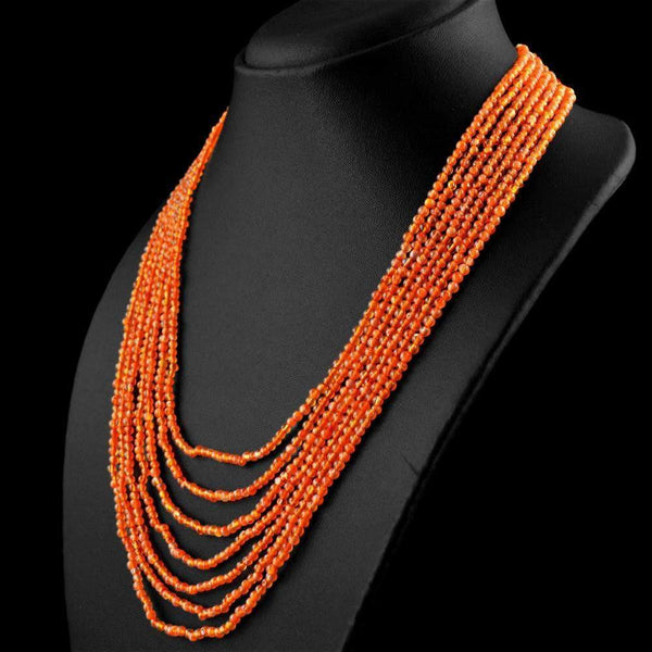 gemsmore:Natural Orange Carnelian Necklace - 7 Line Round Beads