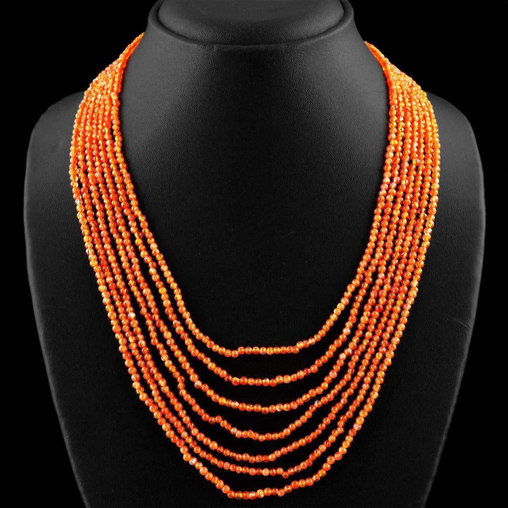 gemsmore:Natural Orange Carnelian Necklace - 7 Line Round Beads