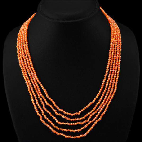 gemsmore:Natural Orange Carnelian Necklace 5 Line Round Shape Beads