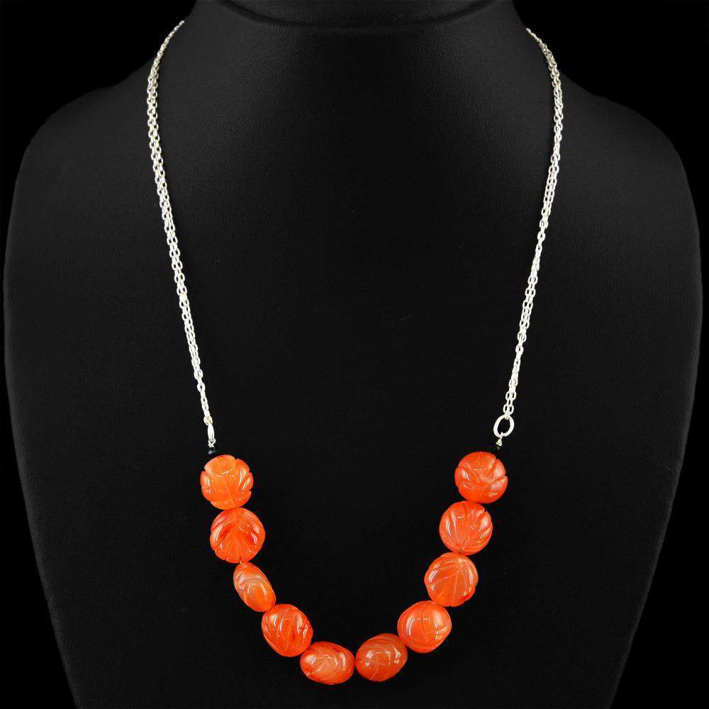 gemsmore:Natural Orange Carnelian Necklace Round Carved Beads