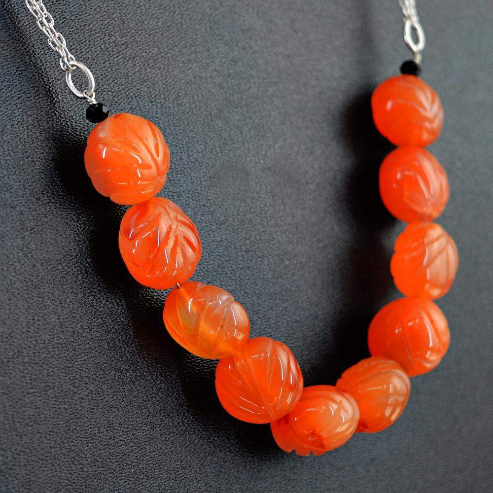 gemsmore:Natural Orange Carnelian Necklace Round Carved Beads