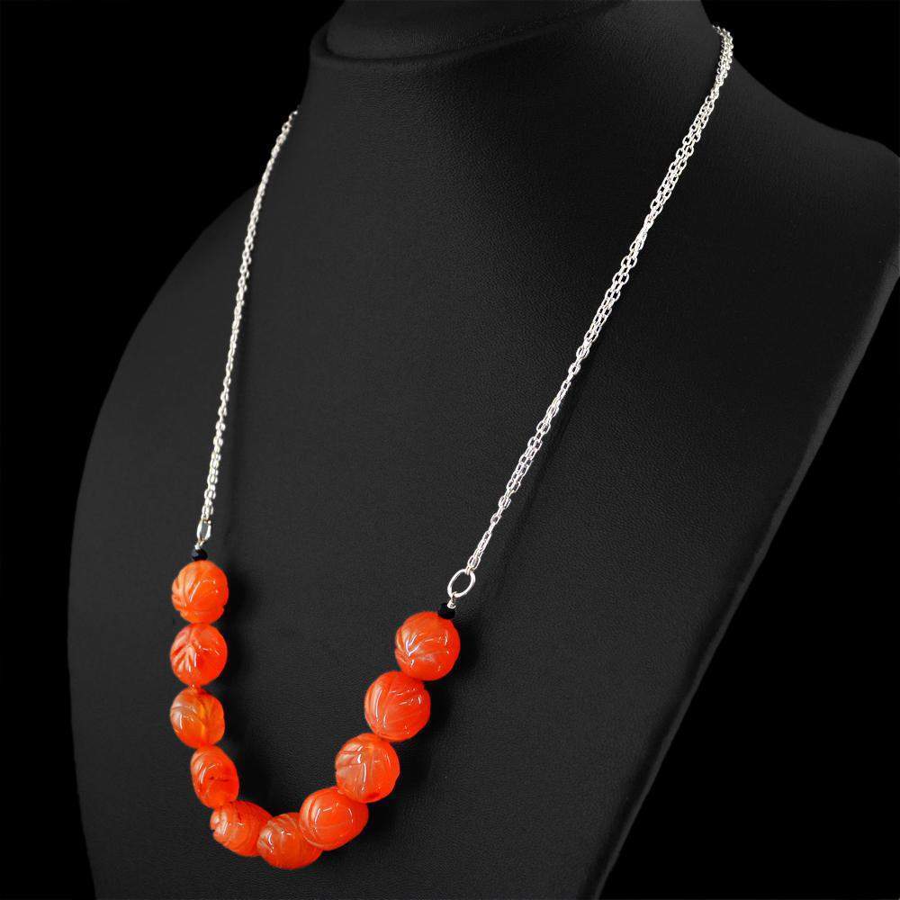 gemsmore:Natural Orange Carnelian Necklace Round Carved Beads