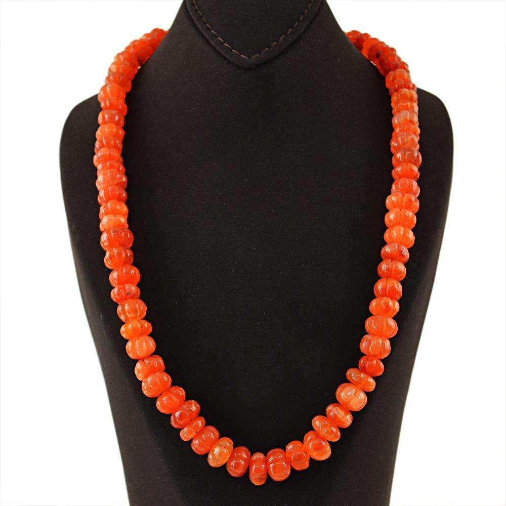 gemsmore:Natural Orange Carnelian Necklace Round Shape Carved Beads