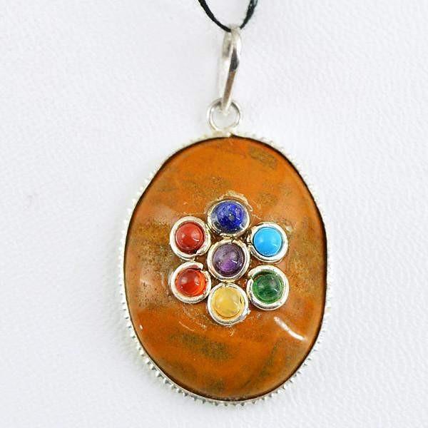 gemsmore:Natural Oval Shape Brown Jasper Seven Chakra Healing Pendant