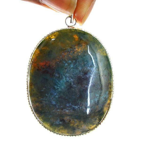 gemsmore:Natural Oval Shape Green Moss Agate Pendant