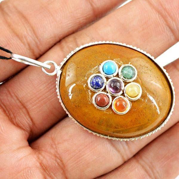 gemsmore:Natural Oval Shape Jasper Seven Chakra Gemstone Pendant