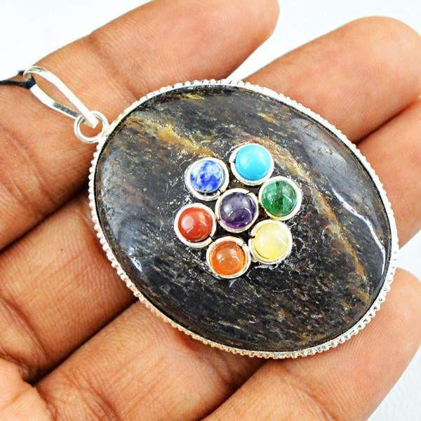 gemsmore:Natural Oval Shape Seven Chakra Jasper Healing Pendant