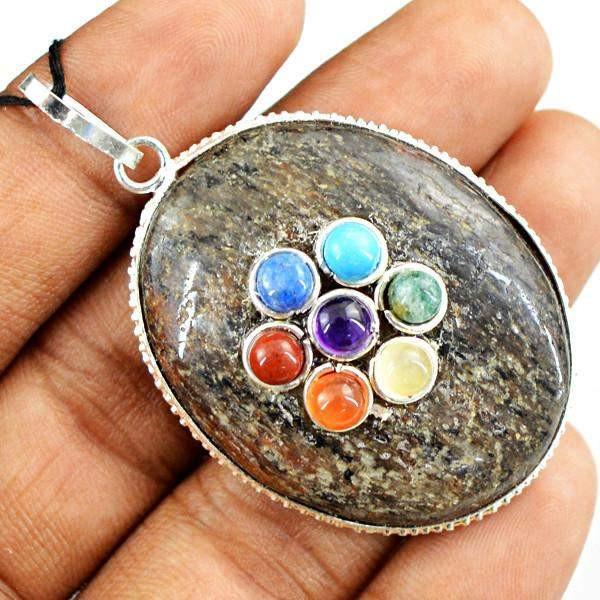 gemsmore:Natural Oval Shape Seven Chakra Jasper Healing Pendant